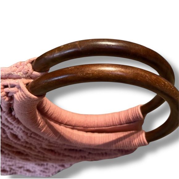 Sigrid Olsen Handmade Macrame Handbag Bamboo Handles Cotton Boho Hippie Peach/Pi - Picture 3 of 9